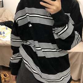 跨境条纹卫衣女in春秋薄款宽松bf慵懒风hiohop高街美式外套圆领潮
