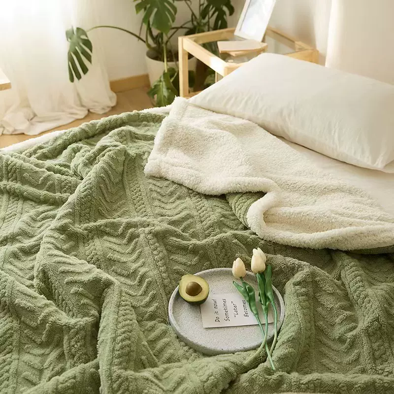 新款加厚素色提花塔芙绒羊羔绒毛毯大朵羊羔绒休闲毯被套枕套组合
