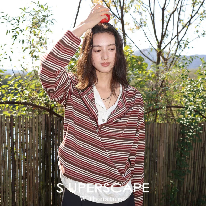 Supo Tencel Wool Soft and Skin-Friendly Double-Layer Faux Two-Piece Striped Henley Collar Knit Long Sleeve T-Shirt Supo Tencel Wool Soft and Skin-Friendly Double-Layer Faux Two-Piece Striped Henley Collar Knit Long Sleeve T-Shirt