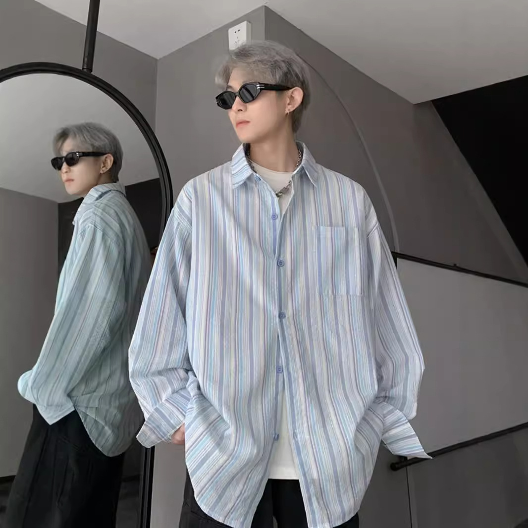 蓝色条纹长袖衬衫男士2024春秋季新款潮流青少年百搭宽松衬衣外套
