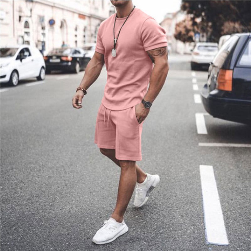 Cross-border foreign trade men's sports suit summer new solid color youth short sleeve men's outdoor leisure running T-shirt tide