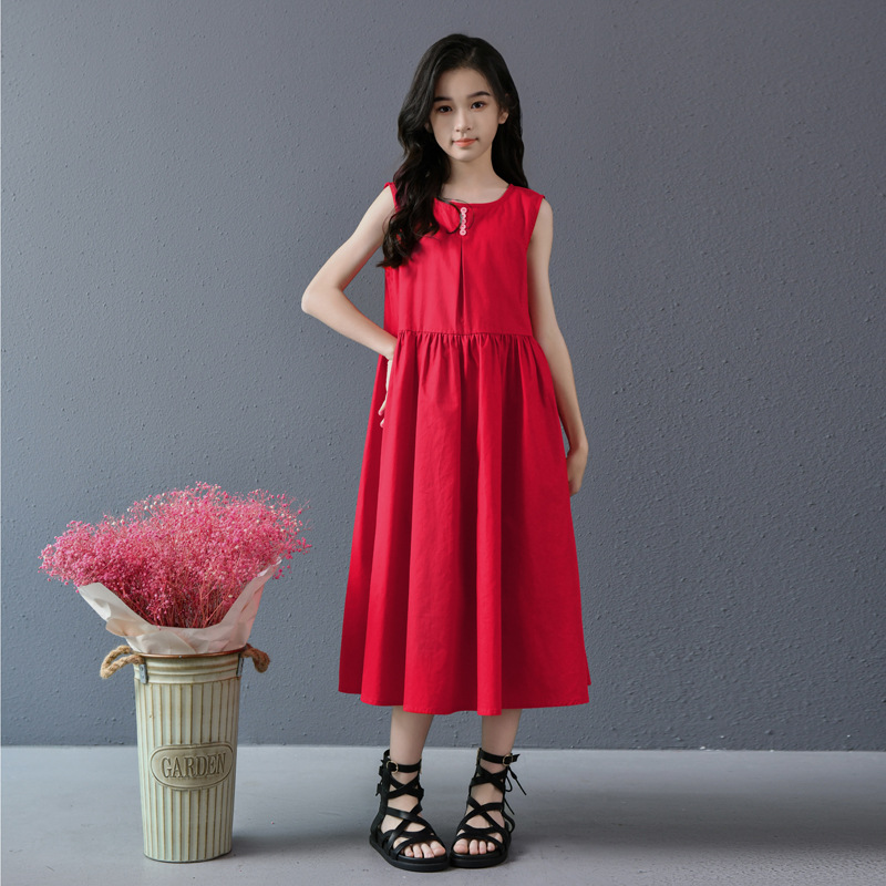 Vestido de chaleco de princesa sin mangas rojo retro francés para niñas verano nuevo estilo niña cintura delgada falda de longitud media