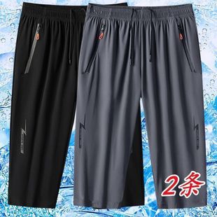 2025 New Ice Silk Cropped Pants Summer Thin Casual Sports Quick-Drying Shorts Men's Plus Size Pants