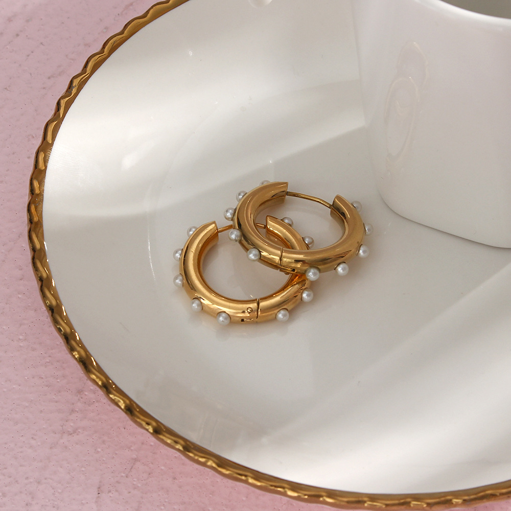 Fashion Geometric Stainless Steel Earrings Inlay Pearl Stainless Steel Earrings