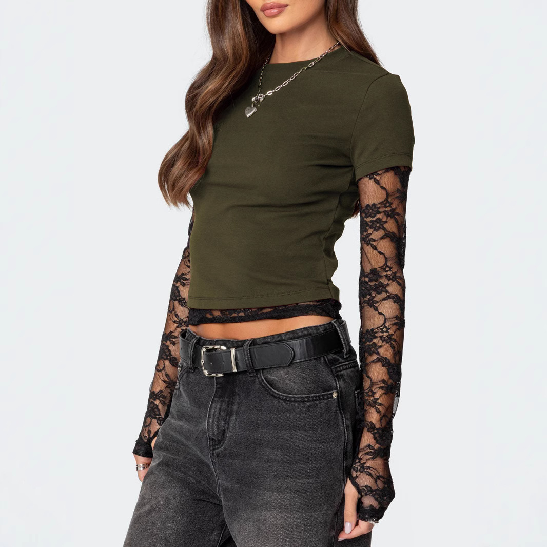 European and American Export Women's Clothing Amazon Y2K New Women's Lace Splicing Sleeves Fake Two-Piece Long-Sleeved Round Neck T-Shirt