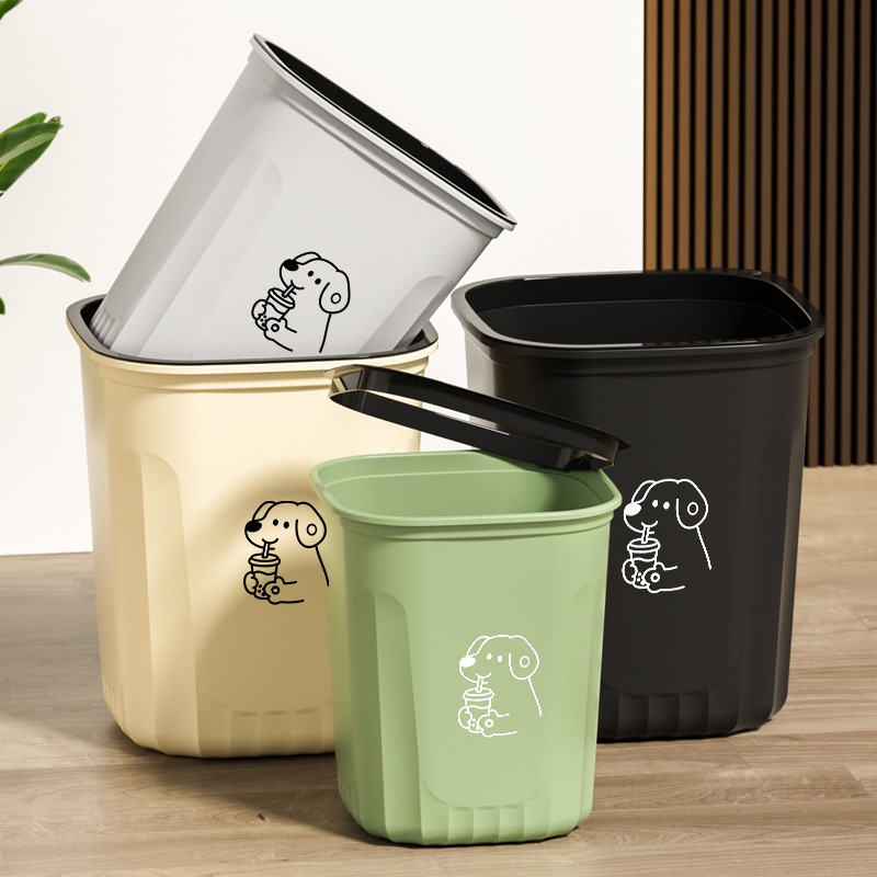 High-End and Elegant Light Luxury Household Trash Can, Square Wastebasket with Stripes, Lidless Press Ring, Bathroom and Kitchen Trash Can