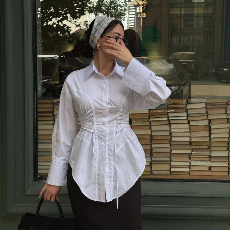 European and American Cross-Border Women's Clothing 2025 Summer New Casual Elegant Trendy Chest-Wrapped Shirt Collar Button Slimming Top