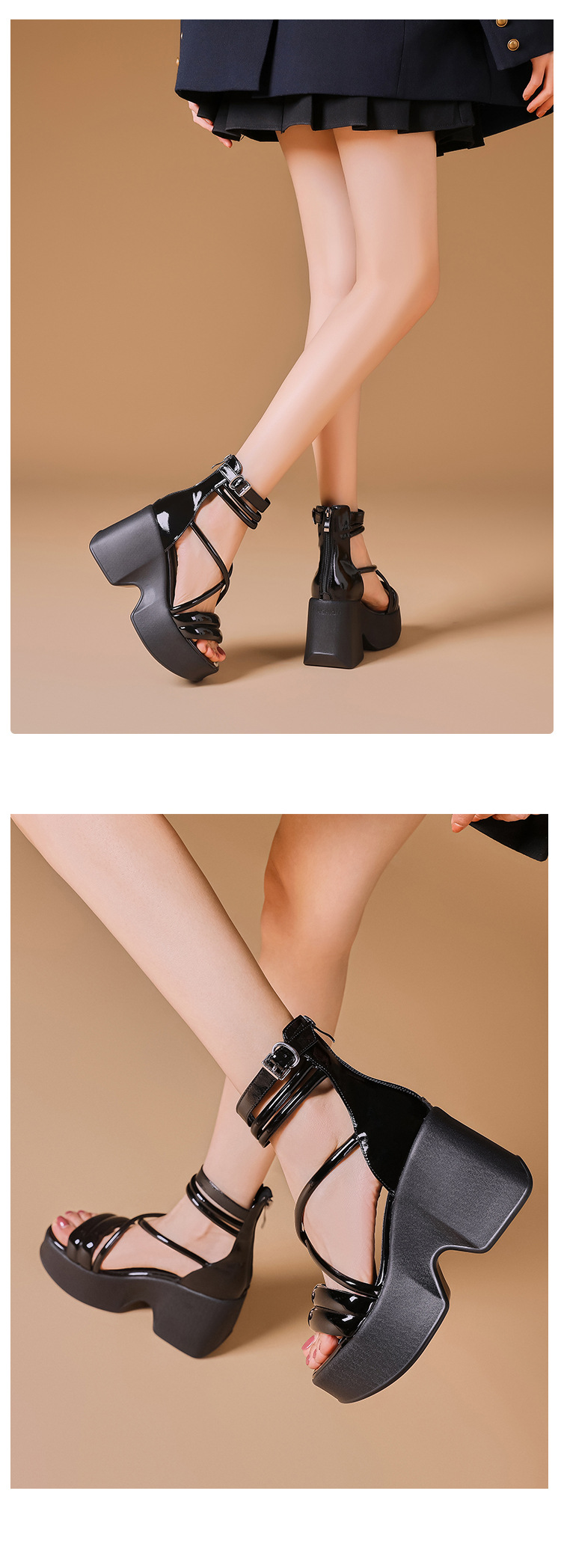 Sandal cao gót La Mã hở mũi đế platform dây kéo sau gót 10 cm — Màu đen, Màu hồng, Màu trắng be chi tiết 13