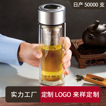 商務玻璃杯加厚雙層耐高溫茶水分離泡茶杯logo定 制廣告禮品杯子