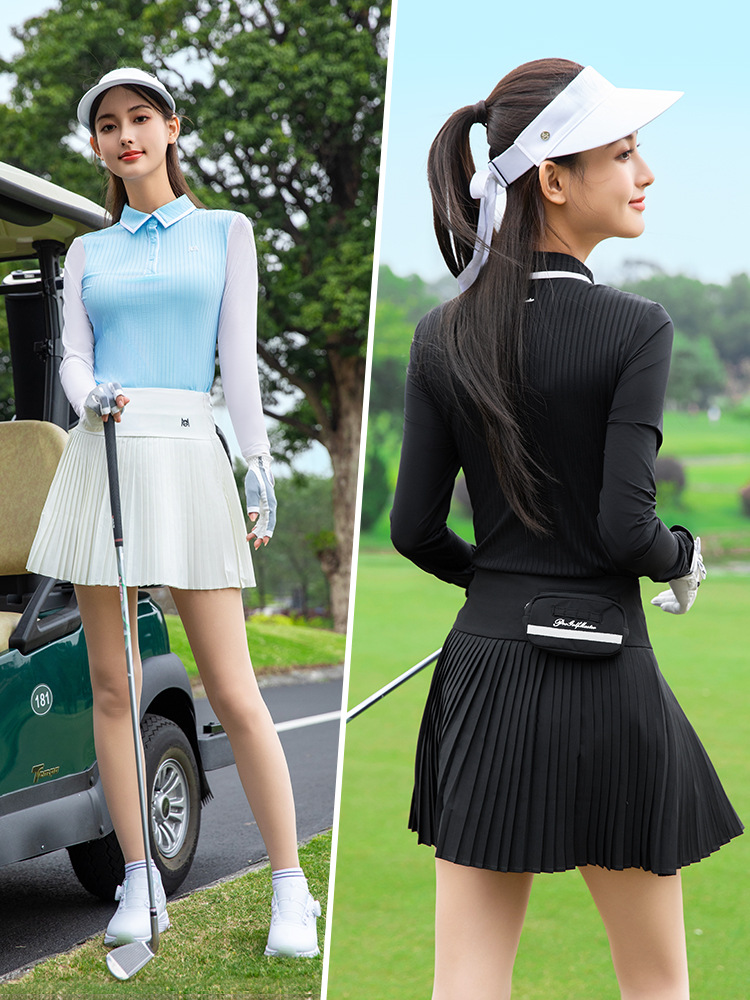Áo polo nữ dài tay lụa băng mát mặc golf mùa xuân hè — YF797-áo đen, YF797-áo trắng, Áo YF797 trắng (lụa lạnh siêu mỏng), YF797-Áo đen (lụa lạnh siêu mỏng)