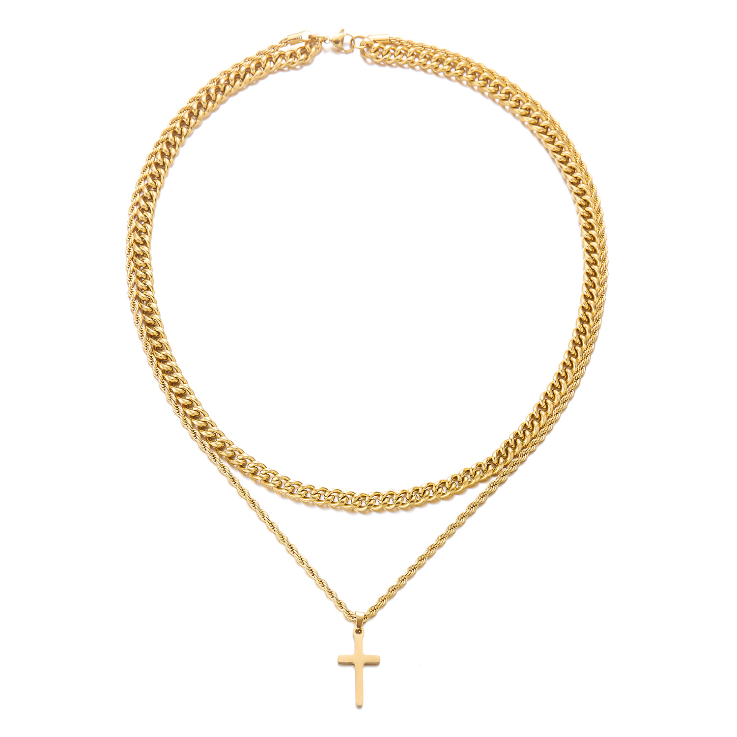 Stainless Steel Double Layer Cross Necklace For Men Trendy Style_voghion.com