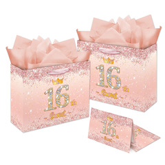 クロスボーダーローズゴールド「Sweet 16」誕生日テーマギフトバッグ、白い厚紙バッグ、誕生日用大型ギフトバッグ