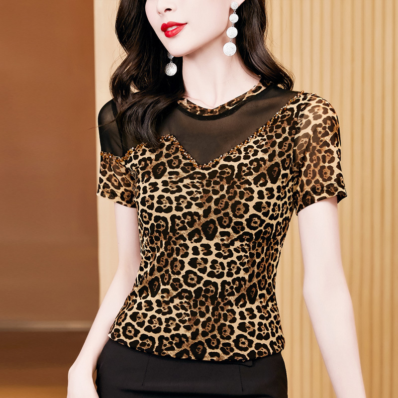 Fashion Leopard Beaded Short-sleeved T-shirt Women's Design Sense Slim-fit Summer Stitching Mesh Top Stylish All-match Small Shirt
