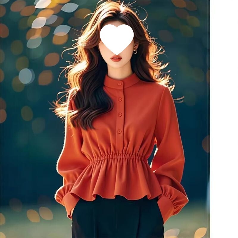 Outlet Store Brand Bargain Orange Half-High Collar Waist-Cinching Ruffle Shirt Light Luxury Top for Women Early Autumn