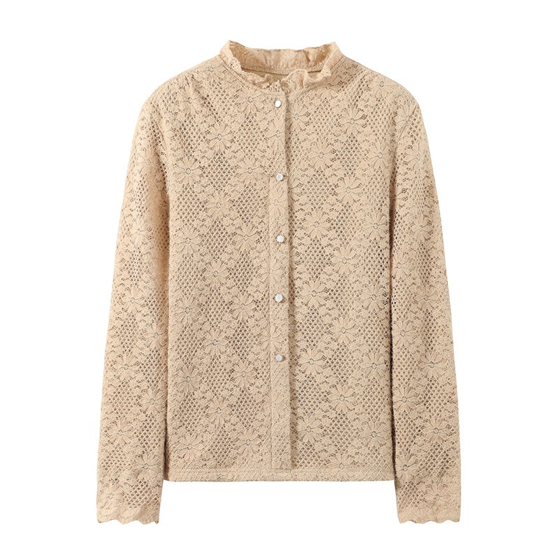 Women's Half-Turtleneck Lace Fleece-Lined Knit Sweater with Heavy Lace Hollow-Out Jacquard and Single-Breasted Design Women's Half-Turtleneck Lace Fleece-Lined Knit Sweater with Heavy Lace Hollow-Out Jacquard and Single-Breasted Design