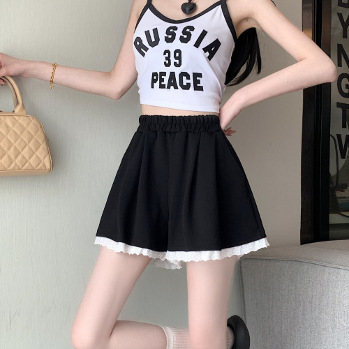 Lace edge casual shorts for women, summer Korean style, high-waisted loose home sports A-line wide-leg hot pants, wearable outdoors