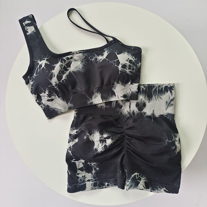 Cintura alta, cadera, melocotón, traje de teñido anudado deportivo, traje de yoga de hombro inclinado a prueba de golpes para mujer