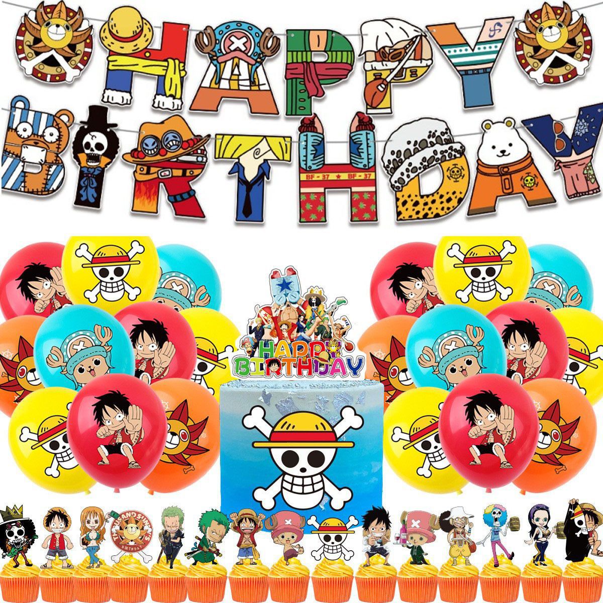 Cross-Border New One Piece Luffy Theme Birthday Party Decoration Balloon Flag Banner Cake Plug Props Supplies
