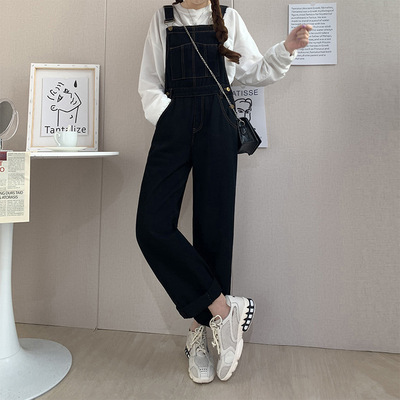 6023#實拍孕婦背帶褲2021年春秋外穿韓版彈力時尚寬松闊腿牛仔褲