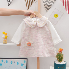 新款童裝1-4歲女寶寶純色圓領套頭打底衫兩件套兒童韓版童裙批發