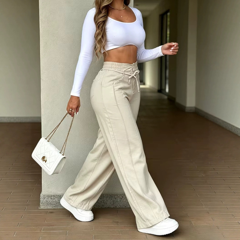 2026 European and American Women's Fashion Amazon Independent Site Casual Straight-Leg Solid Color Striped Drawstring Loose Pants 2026 European and American Women's Fashion Amazon Independent Site Casual Straight-Leg Solid Color Striped Drawstring Loose Pants