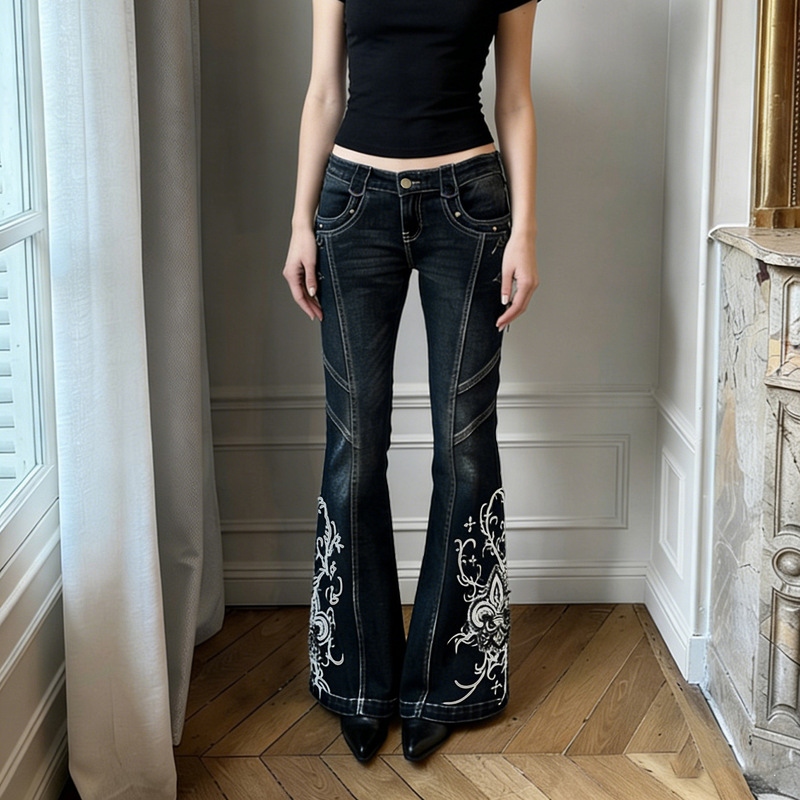 European and American Retro Y2K Printed Slim-Fit Flared Jeans, New Cross-Border Style, Unique Street Style Long Pants for Women European and American Retro Y2K Printed Slim-Fit Flared Jeans, New Cross-Border Style, Unique Street Style Long Pants for Women