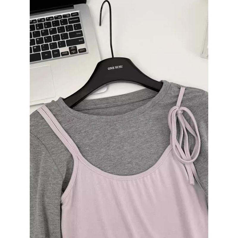 2025韓国版のデザイン感の偽の2つのレースのベストは底の長袖のtシャツの女性の金の春秋の中で身を修める上着を掛けます。|undefined