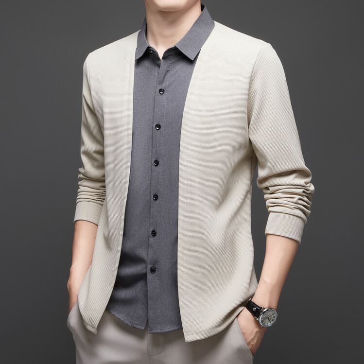 Cross-Border New Style Single-Sided Men's Faux Two-Piece Shirt Sweater Cardigan Casual Business Knitwear Sweater Jacket Men's Clothing