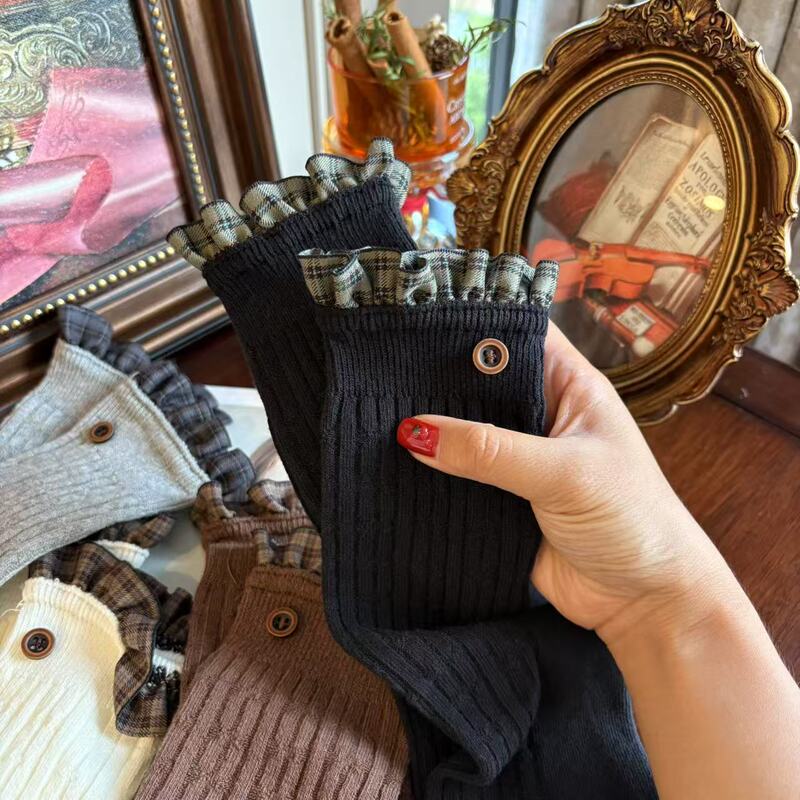 超火早秋搭配毛衣韩女袜系麻花纹双针花边纽扣秋冬款咖啡色灰色中|undefined