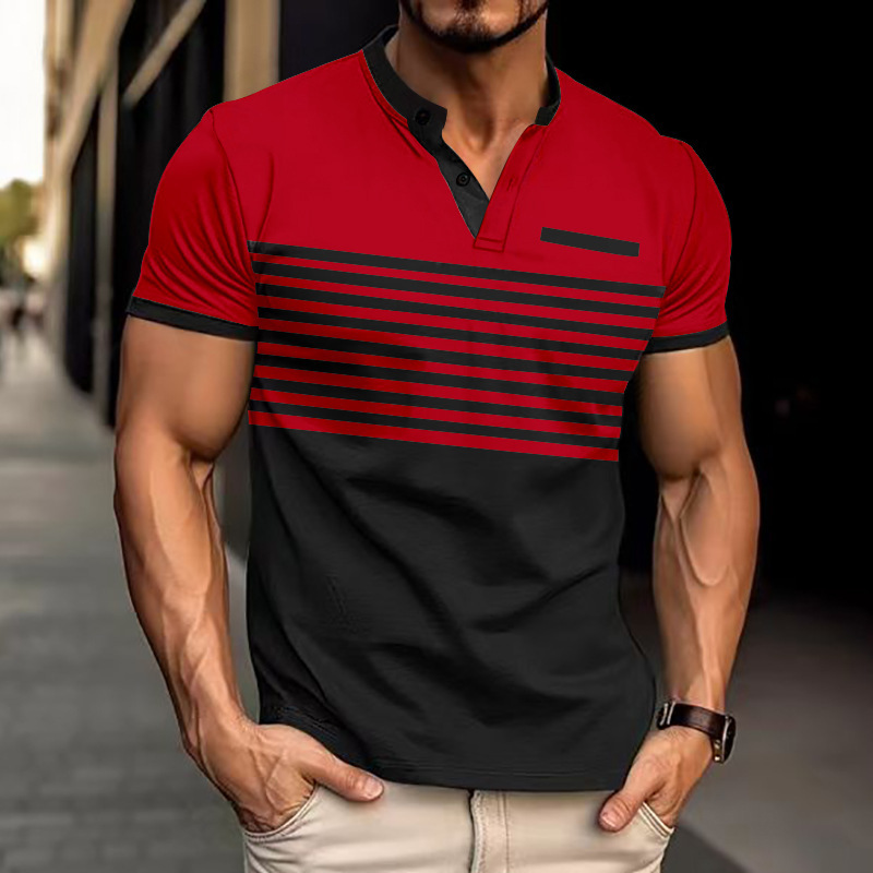 Camiseta POLO casual de los nuevos hombres transfronterizos de Amazon, bolsillo en el pecho, cuello en V, botones, rayas, color a juego, camiseta versátil