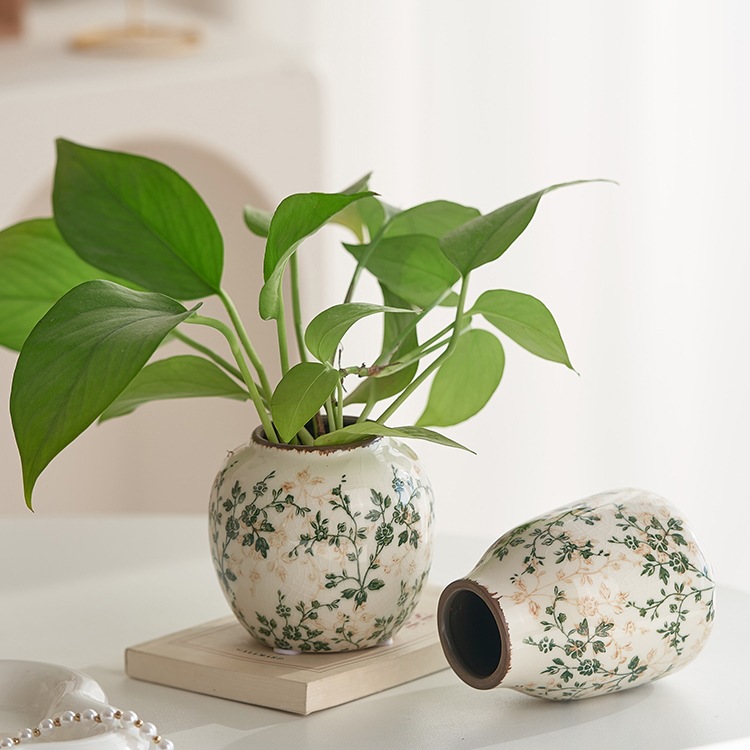 Pastoral retrógrado flor de cerámica pequeña flor de rosa verde grietas de hielo nuevo estilo chino decoración de escritorio de sala de estar estudio