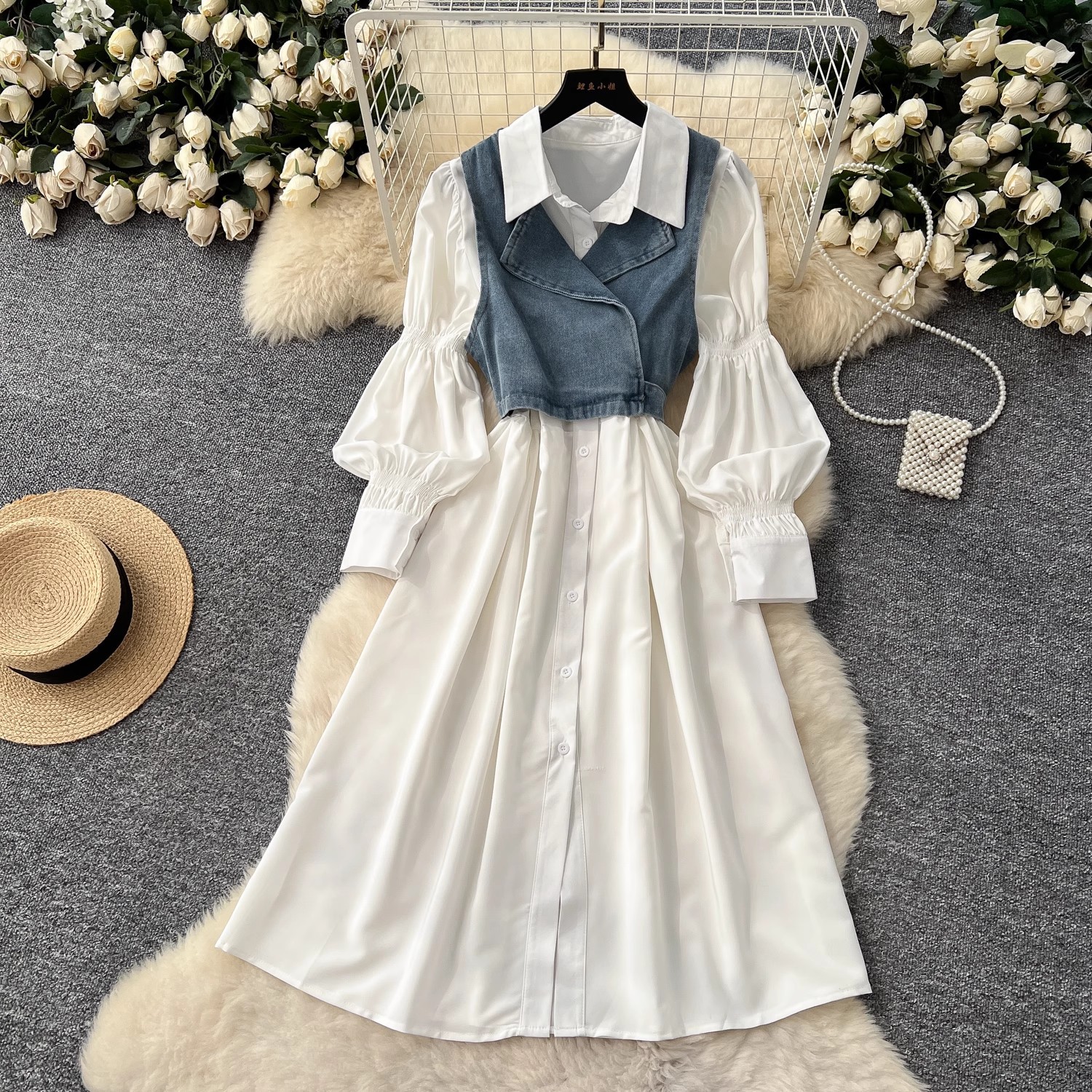 Koreya koshni asalari qulab oyoq tomoni tugmachali ko'ylak + bog'langan bel denim jilet