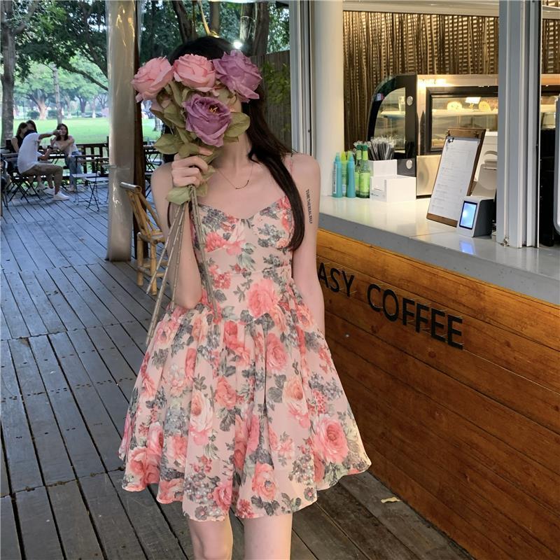 Floral Print Sundress High Waisted a Line Skirt French Inspired Petite Women Fairy like Style Perfect for Spring And Summer_ecoleips.com