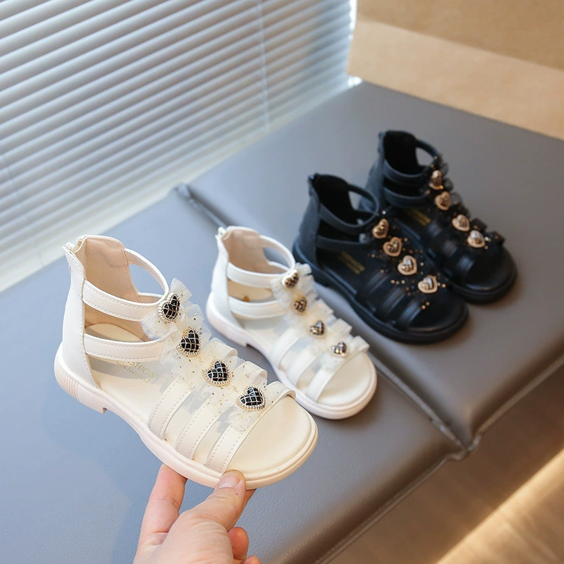 Детские сандалии с римским сердечком, лето 2025, новый корейский стиль, высокие модные сандалии для девочек постарше, тренд