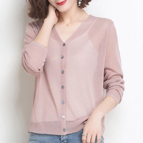 Ladies' Summer Thin Knit Cardigan Solid Color Linen-Like Ice Silk Top Coat