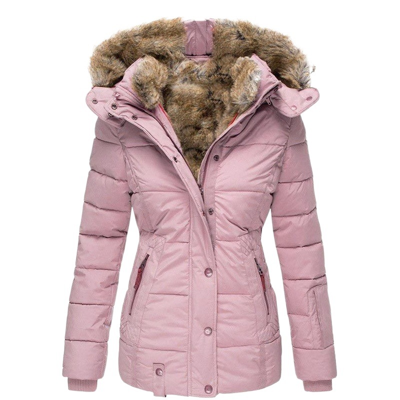 En stock Deseo Amazon invierno cálido Cuello de piel abrigo de algodón-acolchado cremallera de las mujeres de manga larga con capucha delgada abrigo de algodón-acolchado W128