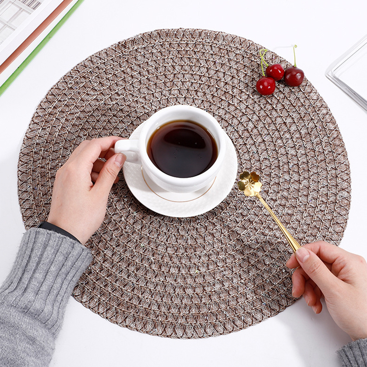 De estilo japonés ronda tejida mantel respetuoso del medio ambiente PE mesa estera de PVC mantel lavable antideslizante mesa decorativa estera montaña