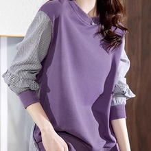 2025年新款条纹拼接木耳花边卫衣女潮秋季韩版宽松长袖上衣