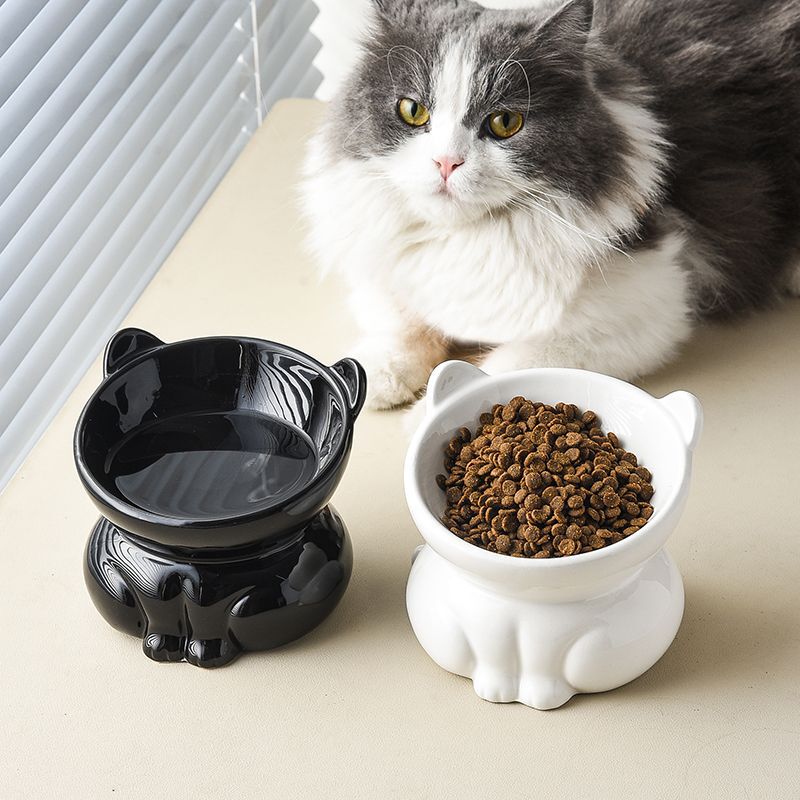 Ceramic Cat Bowl with High Legs and Slanted Mouth to Prevent Black Chin, Cute Kitten Neck-Protecting Cat Bowl, Pet Water Bowl