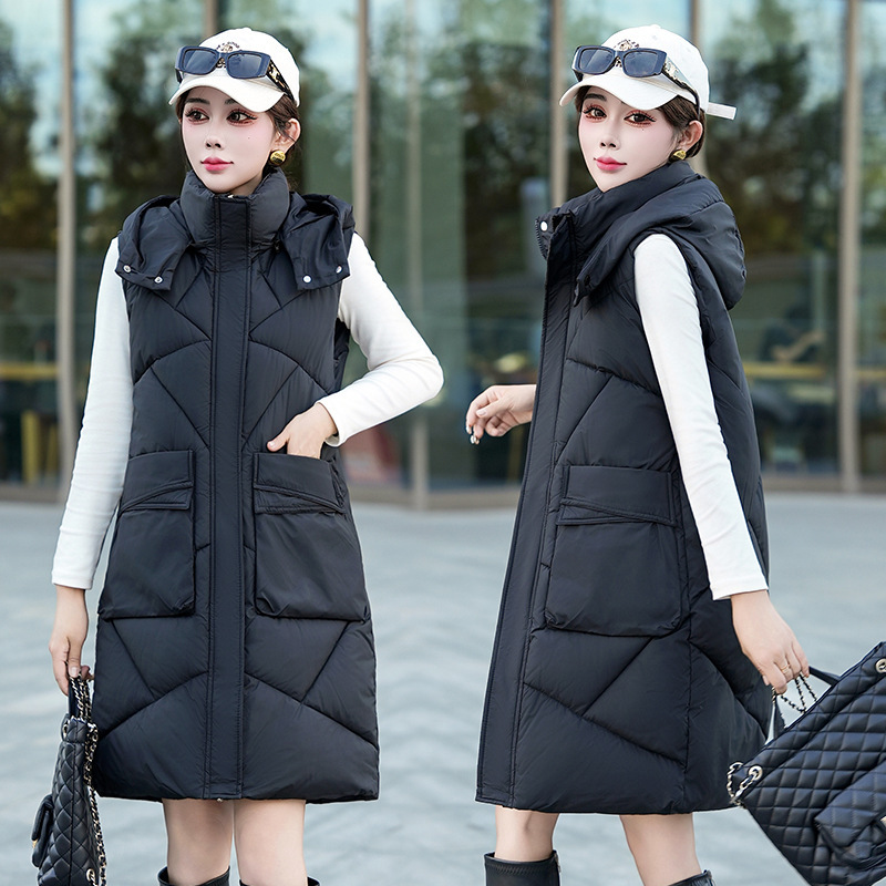 Down Cotton Vest Women's Spring & Fall New Style 2025 Korean Style Loose Hooded Stand Collar Pure Color Cotton Vest Long Vest Down Cotton Vest Women's Spring & Fall New Style 2025 Korean Style Loose Hooded Stand Collar Pure Color Cotton Vest Long Vest