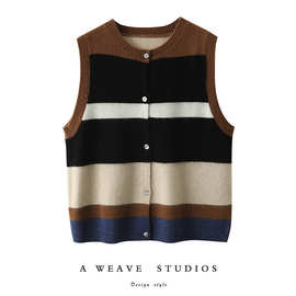 秋季羊绒衫女毛衣外套撞色无袖羊毛马甲开衫宽松叠搭穿针织背心