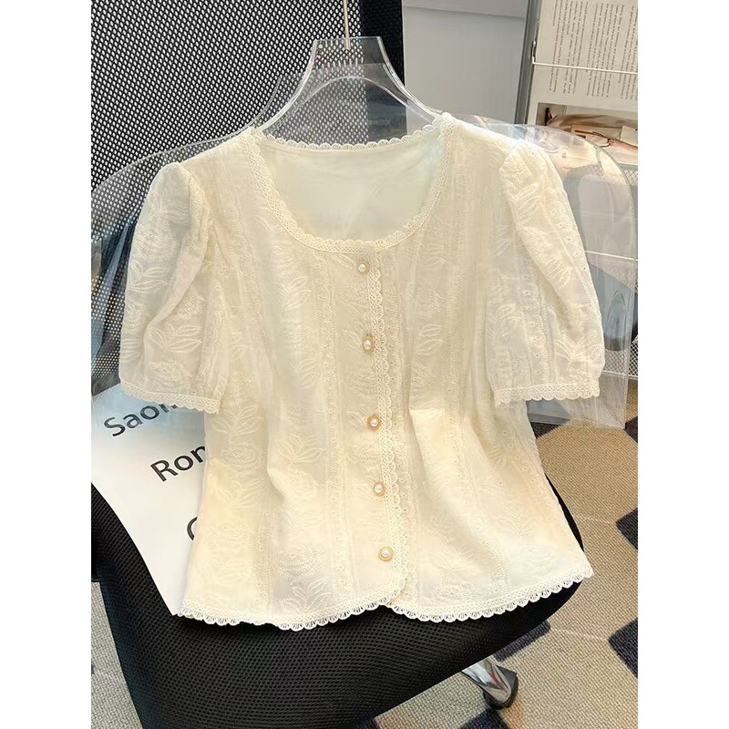 French Puff Sleeve Lace Top Women's Summer New Temperament Chiffon Shirt Short-Sleeved Plus Size Women's Shirt Bag Drawer