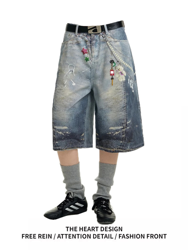 American Retro Full-Print Hanging Wide-Leg Cropped Jeans for Women, Summer Design Straight Mid-Length Loose Shorts