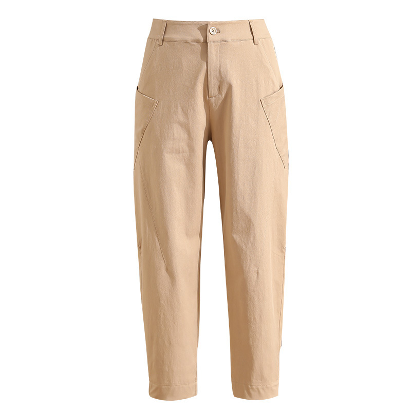 Quần chuối nữ ống rộng dáng thon gọn, cạp cao, chất cotton giặt thường, phong cách cổ điển — Màu Kaki