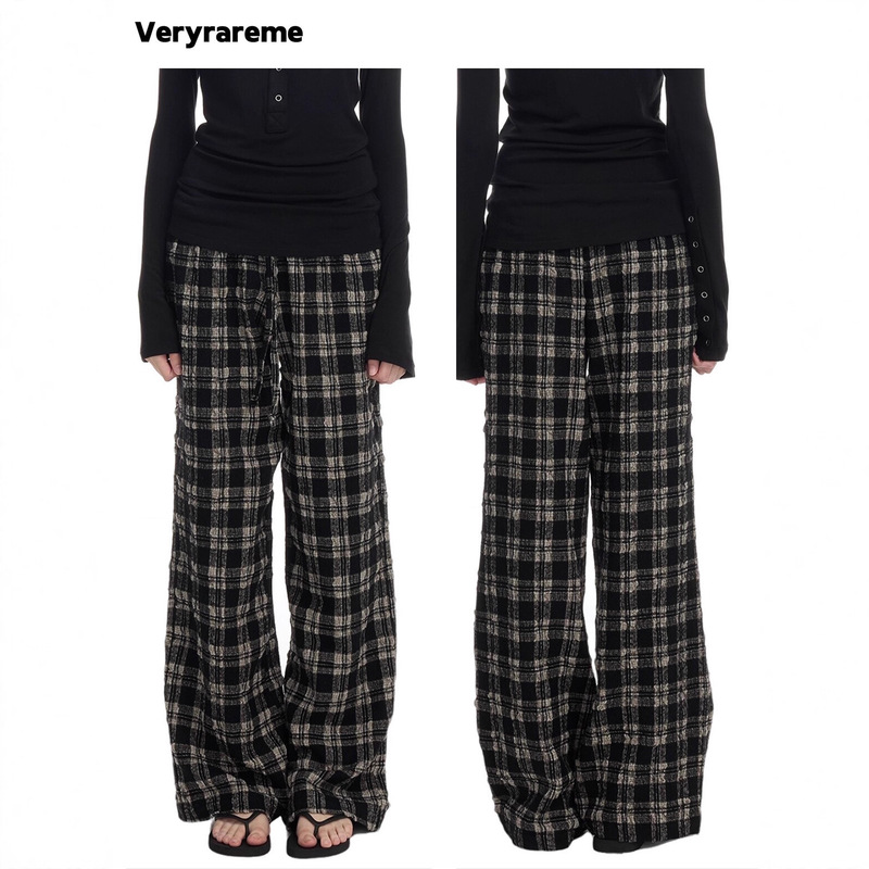 Veryrareme Wool Thick Autum Low-Waist Wrinkled Black and White Plaid Home Wide-Leg Casual Pants