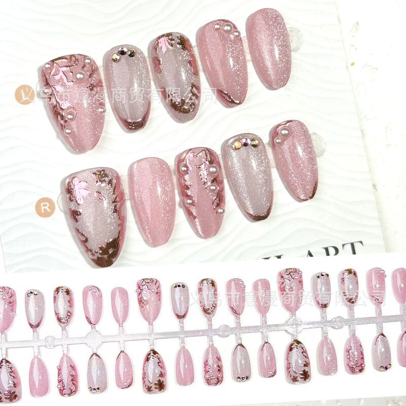 Pink Valentine's Day Gilt Pink Sparkling Pearls High-Quality Wearable Nails European and American Popular Nail Patches Cross-Border Hot Sales