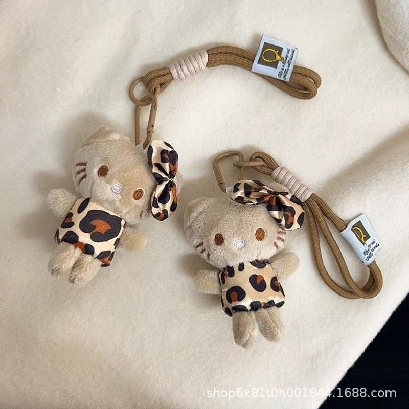 Leopard Print Hellokitty Pendant Bag Cute Girl Kt Cat Plush Doll School Bag Pendant Trinket Doll
