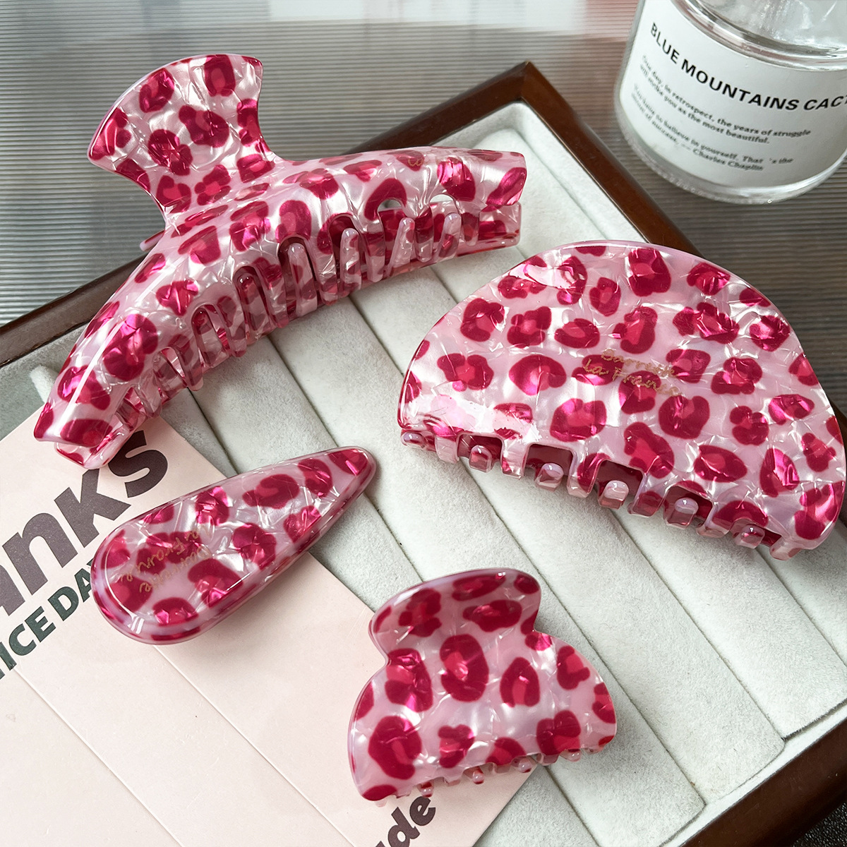 Pink imitación de leopardo acético diseño de clip de cabello de tiburón clip de agarre ligero de lujo de alta calidad tocado de cabello