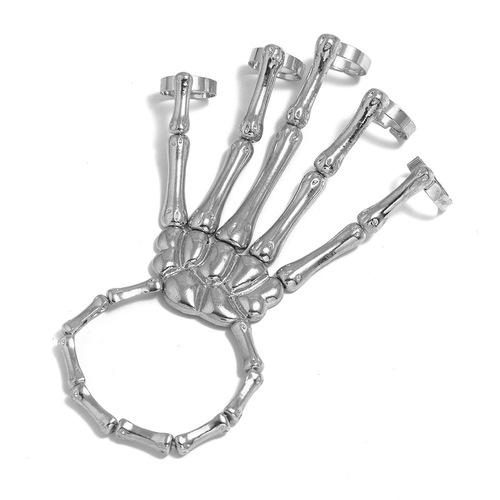 European and American new hand accessories, fashionable and personalized punk skull hand bones, versatile five-finger ring bracelet, adjustable integrated chain