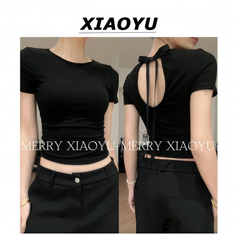 Miaoqian Xiaoyu Fashionable Secret Slack Bow Backless Slim-fit Short T-shirt Slim-fit Shoulder Top